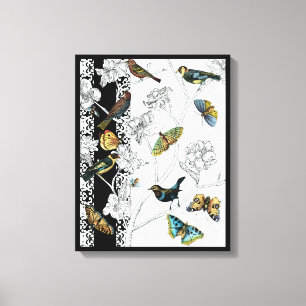 黒と白の背景の鳥と蝶 キャンバスプリント