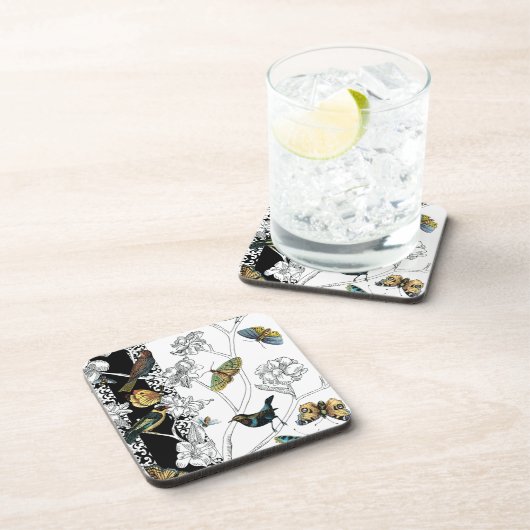 黒と白の背景の鳥と蝶 コースター (右側)