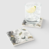 黒と白の背景の鳥と蝶 ストーンコースター (横)