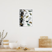 黒と白の背景の鳥と蝶 ポスター (キッチン)