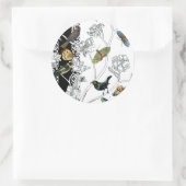 黒と白の背景の鳥と蝶 ラウンドシール (バッグ)