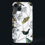 黒と白の背景の鳥と蝶 iPhone 13ケース<br><div class="desc">アーティストChariklia Zarrisは才能のある画家でデザイナーである。彼女は絵画鳥や野生動物が好きで、この写真も例外ではない。鳥や蝶の鮮やかな色が背景の白と黒の枝に強調されている。</div>