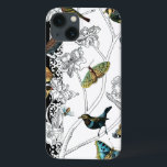 黒と白の背景の鳥と蝶 iPhone 13ケース<br><div class="desc">アーティストChariklia Zarrisは才能のある画家でデザイナーである。彼女は絵画鳥や野生動物が好きで、この写真も例外ではない。鳥や蝶の鮮やかな色が背景の白と黒の枝に強調されている。</div>