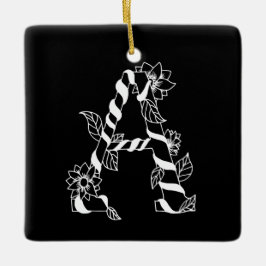 黒と白の花が絡む文字「A」 セラミックオーナメント