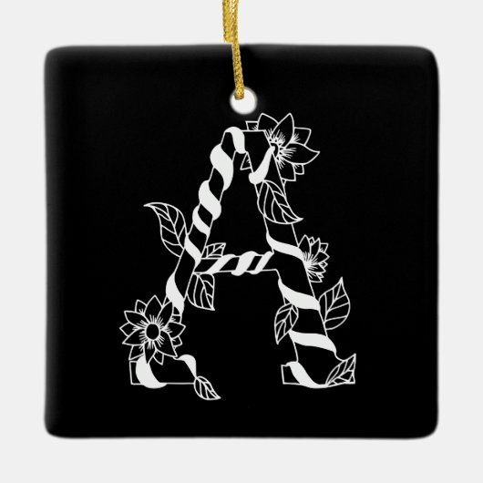 黒と白の花が絡む文字「A」 セラミックオーナメント (正面)