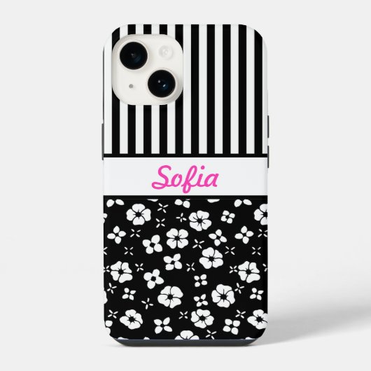 黒と白の花とストライプのモノグラム iPhoneケース (裏面)