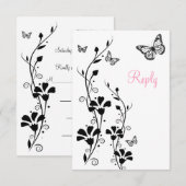 黒と白の花と蝶の返信カード 招待状 (正面/裏面)