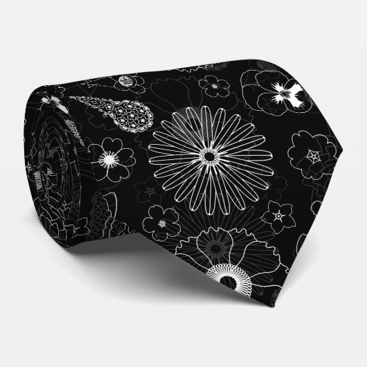 黒と白の花の幾何学模様 ネクタイ (ロール)