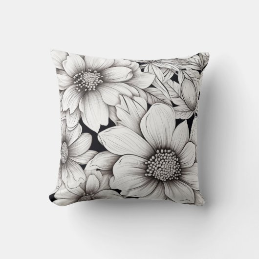 黒と白の花の線画手描きデザイン クッション (正面)