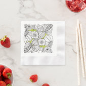 黒と白の花の落書きペーパーナプキン 縁ありカクテルナプキン (インサイチュ)