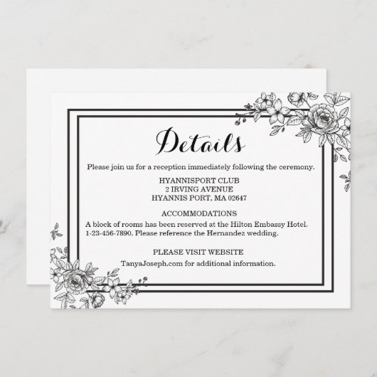 黒と白の花の詳細な花模様 招待状 (正面/裏面)