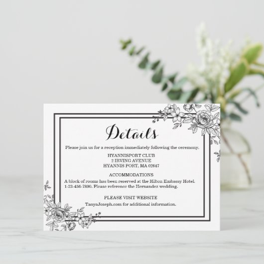 黒と白の花の詳細な花模様 招待状 (スタンド正面)