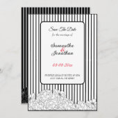 黒と白の花ストライプ付き日付を保存 招待状 (正面/裏面)