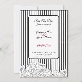 黒と白の花ストライプ付き日付を保存 招待状