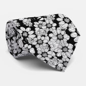 黒と白の花柄アブストラクトフラワーパターン ネクタイ (ロール)