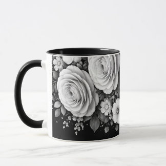 黒と白の花柄コーヒーマグ マグカップ