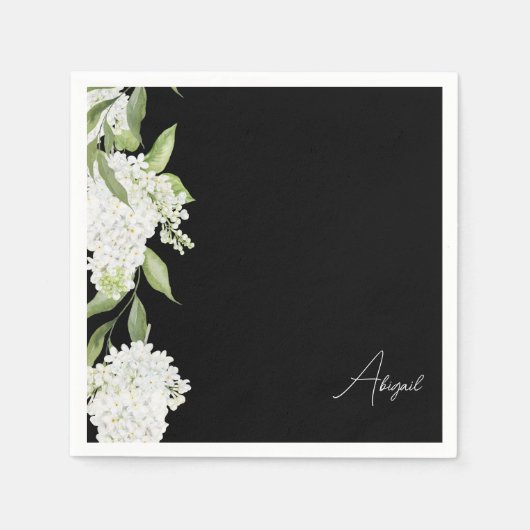 黒と白の花柄スクリプト名前の結婚前のお祝い スタンダードカクテルナプキン (正面)