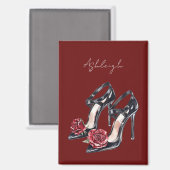 黒と白の花柄ハイヒール マグネット (正面/裏面)