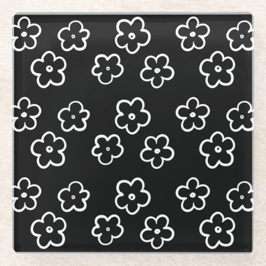 黒と白の花柄 ガラスコースター (正面)