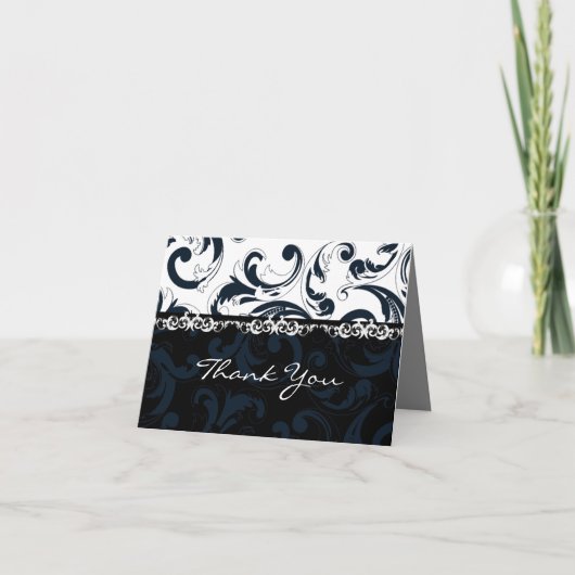黒と白の花模様の感謝カード サンキューカード (正面)