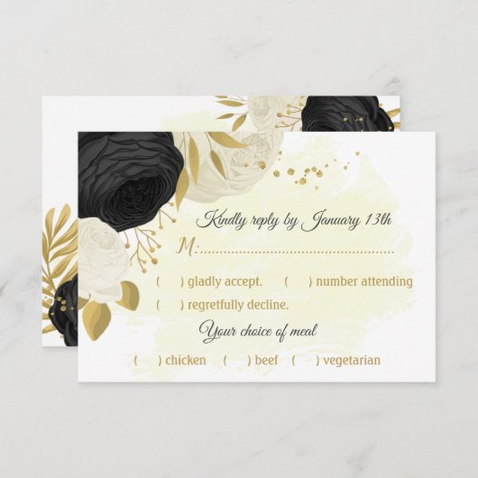 黒と白の花金ゴールド植物性食品の選択 出欠カード (正面/裏面)