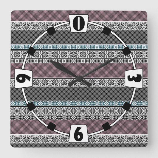 黒と白の茶色のパッチワークレース スクエア壁時計 (正面)