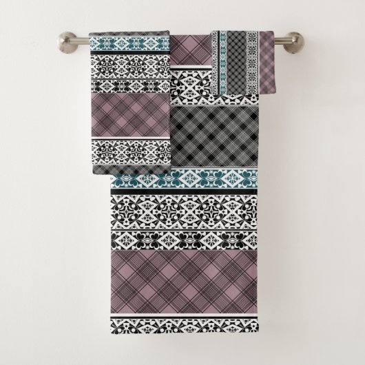 黒と白の茶色のパッチワークレース バスタオルセット (インサイチュ)