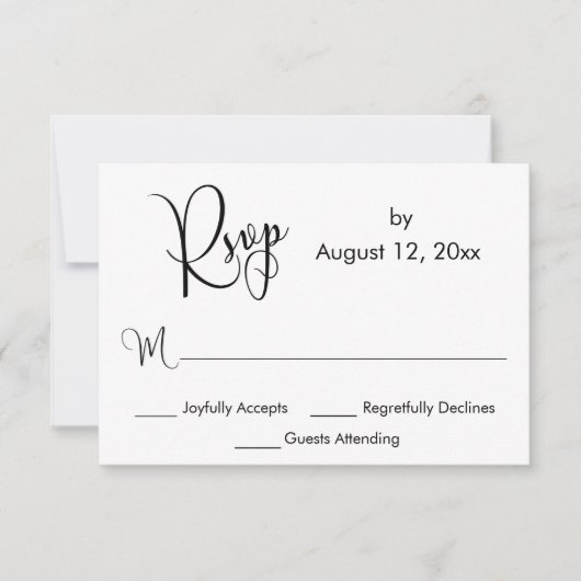 黒と白の華やかなカリグラフィーのシンプルなRSVP 出欠カード (正面)