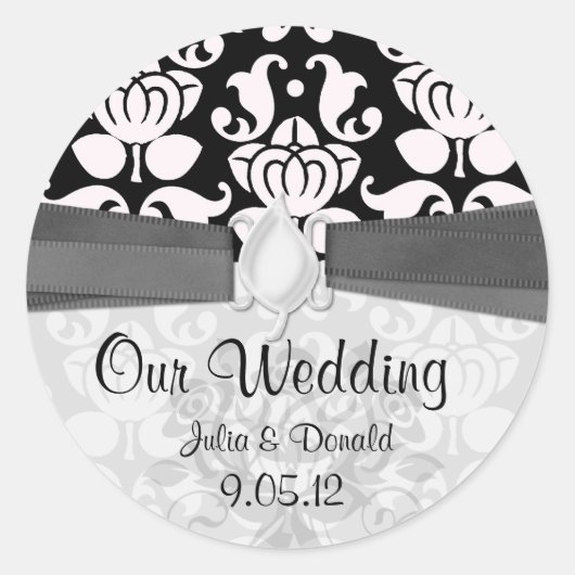 黒と白の華やかなダマスクの結婚式 ラウンドシール (正面)