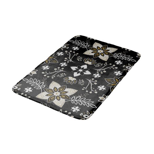 黒と白の華やかな花柄 バスマット (アングル)