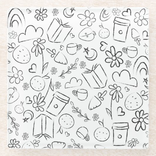 黒と白の落書きのかわいいモノ無限パターン ガラスコースター (正面)