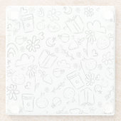 黒と白の落書きのかわいいモノ無限パターン ガラスコースター (裏面)