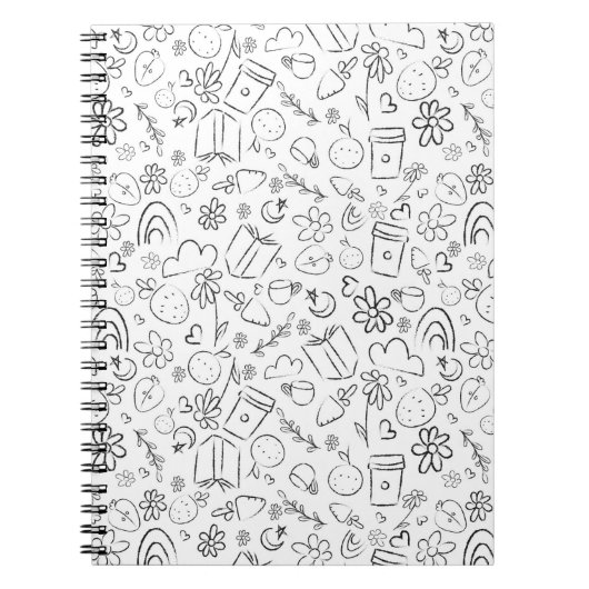 黒と白の落書きのかわいいモノ無限パターン ノートブック (正面)