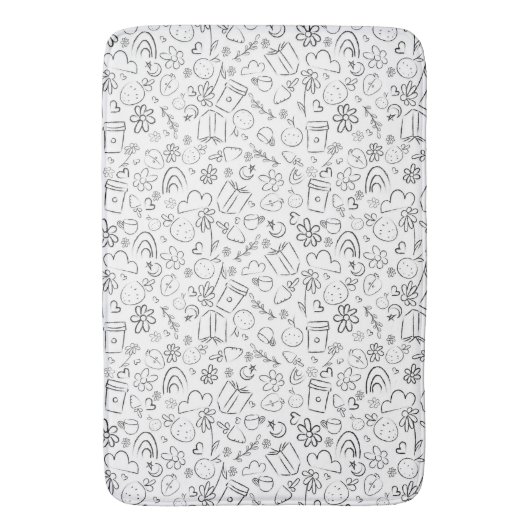黒と白の落書きのかわいいモノ無限パターン バスマット (正面縦)