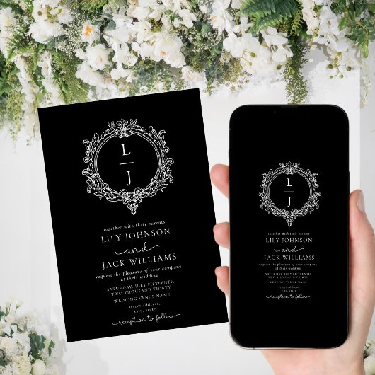 黒と白の葉の紋章の結婚式招待状 セーブザデート