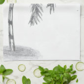 黒と白の葉を持つヤシの木をハンがスケッチした キッチンタオル (折り畳み)