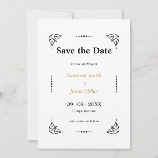 黒と白の葉ドットフレーム日付を保存 招待状 (正面)
