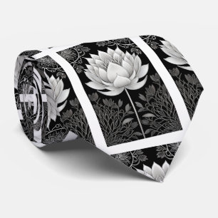 黒と白の蓮の花模様 ネクタイ