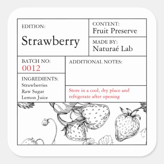 黒と白の薬用いちごラベル スクエアシール (正面)