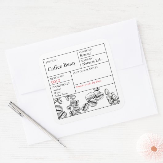 黒と白の薬用コーヒー豆ラベル スクエアシール (封筒)
