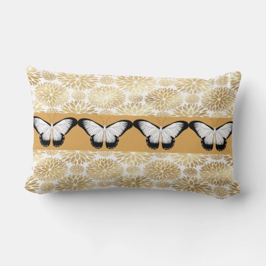黒と白の蝶とフェイク金ゴールドの花 ランバークッション (裏面)