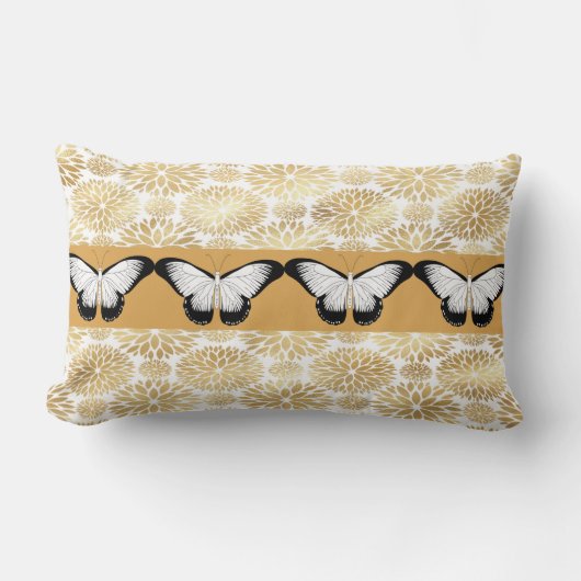 黒と白の蝶とフェイク金ゴールドの花 ランバークッション (正面)