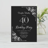 黒と白の装飾的な枠線 40歳の誕生日 招待状 (スタンド正面)