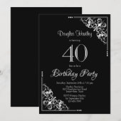 黒と白の装飾的な枠線 40歳の誕生日 招待状 (正面/裏面)