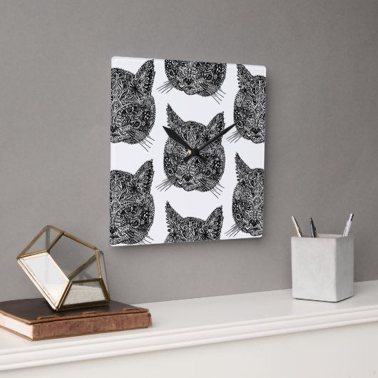 黒と白の装飾的な猫の肖像 スクエア壁時計 (オフィス)