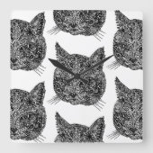 黒と白の装飾的な猫の肖像 スクエア壁時計 (正面)