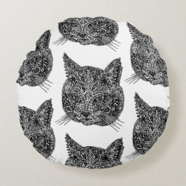 黒と白の装飾的な猫の肖像 ラウンドクッション