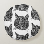 黒と白の装飾的な猫の肖像 ラウンドクッション (裏面)