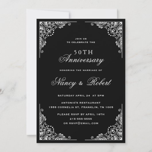 黒と白の装飾的な結婚50周年記念 招待状 (正面)