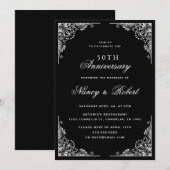 黒と白の装飾的な結婚50周年記念 招待状 (正面/裏面)